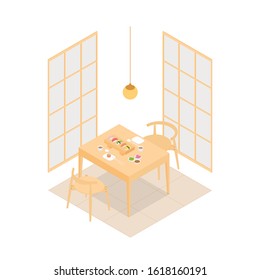 Simple isometric sushi restaurant on white. Vector illustration in flat design, isolated.