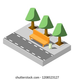 Simple isometry. Bench in the park next to the racetrack. Vector illustration on white background