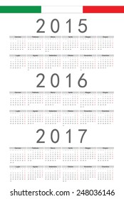 Simple Italian 2015, 2016, 2017 year vector calendars. Week starts from Monday.