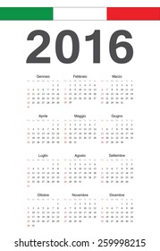 Simple Italian 2016 year vector calendar. Week starts from Sunday.