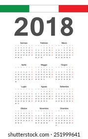 Simple italian 2018 year vector calendar. Week starts from Monday.