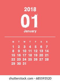 Simple January 2018 calendar. Week starts from Monday.