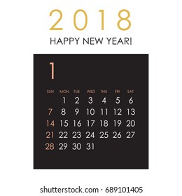 Simple January 2018 calendar. Week starts from Sunday.