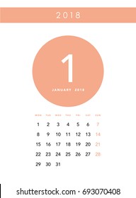 Simple January 2018 calendar. Week starts from Monday.