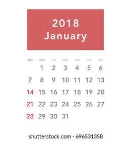 Simple January 2018 calendar. Week starts from Sunday.