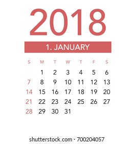 Simple January 2018 calendar. Week starts from Sunday.