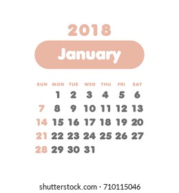 Simple January 2018 calendar. Week starts from Sunday.