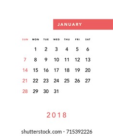 Simple January 2018 calendar. Week starts from Sunday.