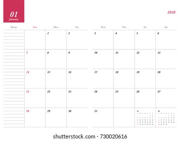 Simple January 2018 calendar. Week starts from Sunday.