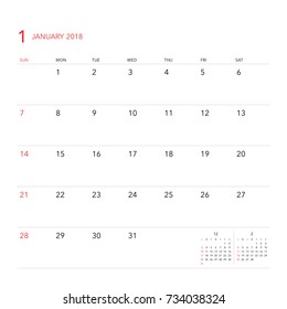 Simple January 2018 calendar. Week starts from Sunday.