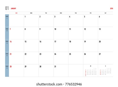 Simple January 2018 calendar. Week starts from Sunday.