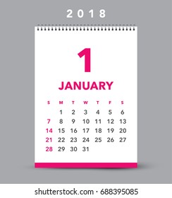 Simple January 2018 desk calendar. Week starts from Sunday.