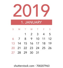 Simple January 2019 calendar. Week starts from Sunday.