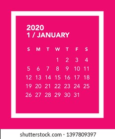Simple January 2020 calendar. Week starts from Sunday.