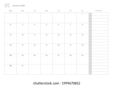 Simple january 2022 calendar template illustration.