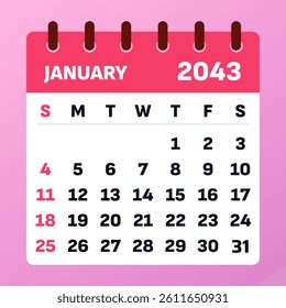 Simple January 2043 Calendar Vector. Monthly Date Template for January.