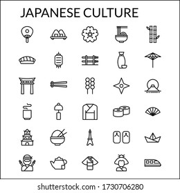 Simple Japanese Culture Line Style Contain Such Icon as Torii, Sake, Sushi, Sashimi, Chopsticks, Dango, Samurai, Ninja, Gate, Kimono, Origami, Lantern, Asian Food, and more. 64 x 64 Pixel Perfect