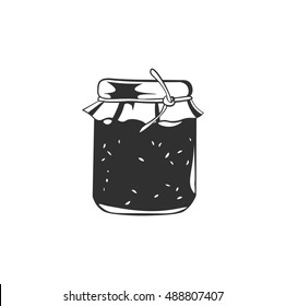 Simple jar of strawberries jam. Doodle. Vector Illustration. Isolated On White Background