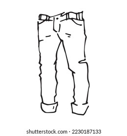Simple jeans hand drawn outline illustration. Authentic fashion symbol flat drawing. Original denim pants and casual street wear fabric cartoonish pen drawing image. Ripped textile product detail.