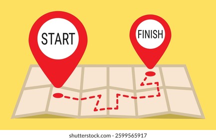 Simple journey map with Start and Finish markers. Minimalistic map featuring two red location markers on a yellow background