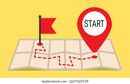 Simple journey map with starting point and destination flag. Minimalistic vector map for illustrating concepts of travel, navigation, planning, or goal-setting