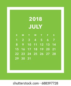 Simple July 2018 calendar. Week starts from Sunday.