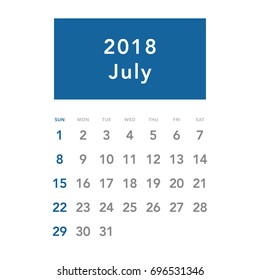 Simple July 2018 calendar. Week starts from Sunday.