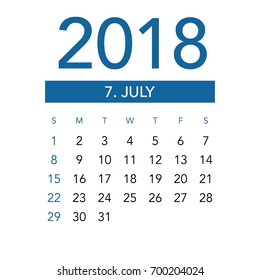 Simple July 2018 calendar. Week starts from Sunday.
