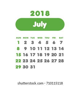 Simple July 2018 calendar. Week starts from Sunday.