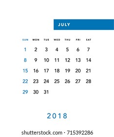 Simple July 2018 calendar. Week starts from Sunday.