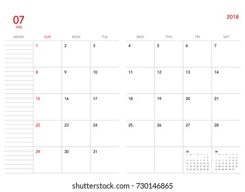 Simple July 2018 calendar. Week starts from Sunday.