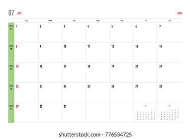 Simple July 2018 calendar. Week starts from Sunday.