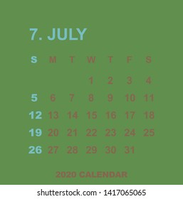 Simple July 2020 calendar. Week starts from Sunday.