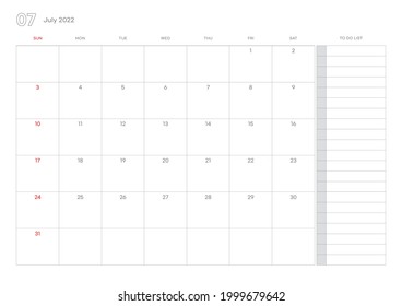 Simple July 2022 calendar template illustration.