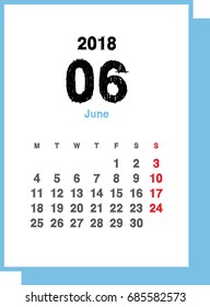Simple June 2018 calendar. Week starts from Monday.