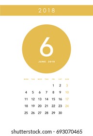 Simple June 2018 calendar. Week starts from Monday.