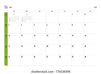 Simple June 2018 calendar. Week starts from Sunday.