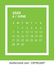 Simple June 2020 calendar. Week starts from Sunday.