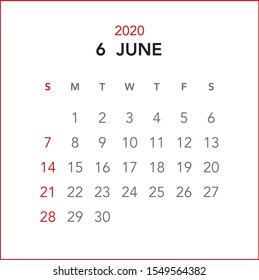 Simple June 2020 calendar. Week starts from Sunday.