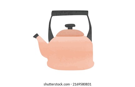 Einfache Wasserfarbe. Traditionelle Wasserkocher-Vektorgrafik einzeln auf weißem Hintergrund. Minimalistische Wasserklammer-Kunst. Kessel mit Pfiff-Cartoon-Zeichnung. Küchenutensilien, Clipart