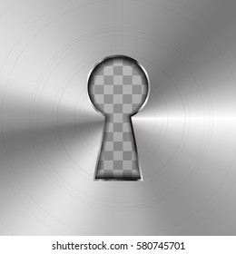 Simple keyhole in bright glossy metal plate on transparent background
