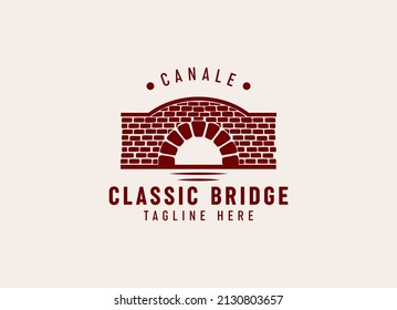 Simple Keystone Canal Waterway Brick Bridge with river wave Logo