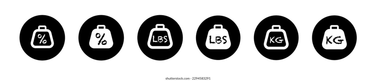 Simple KG, LBS y por ciento de peso. Icono de vector de timbre. Logo KG, LBS y % bell. 