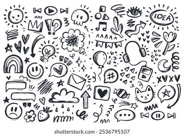 Simple Kid Doodle Icon collection. Scribble sketch of Funny Smile, Hearts, Arrow, Cloud and other. Hand drawn cute Chalk Isolated elements