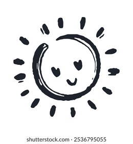 Simple Kid Doodle Icon of Smiled Sun. Scribble sketch Isolated elements of Children drawing