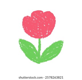 Simple kid tulip doodle with chalk texture isolated on white background. Whimsical hand-drawn crayone flower icon.