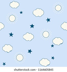 simple kiddy blue clouds, stars and sun hand drawing style seamless pattern for background, wallpaper, fabric, cover, textile, banner, label etc. vector design