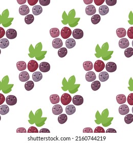 Simple kids background with smiling grape. Flat style vector seamless pattern.