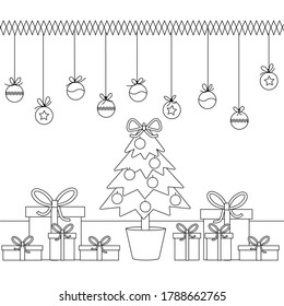 Simple kids coloring book with a Christmas tree, toys and gifts. Black outline, Doodle, silhouette of shapes on a new year's theme, vector illustration.