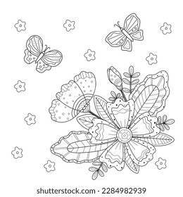 Simple kids coloring book with cute flowers and butterfly. Vector illustration with an elementary outline, silhouette of plants and ornament